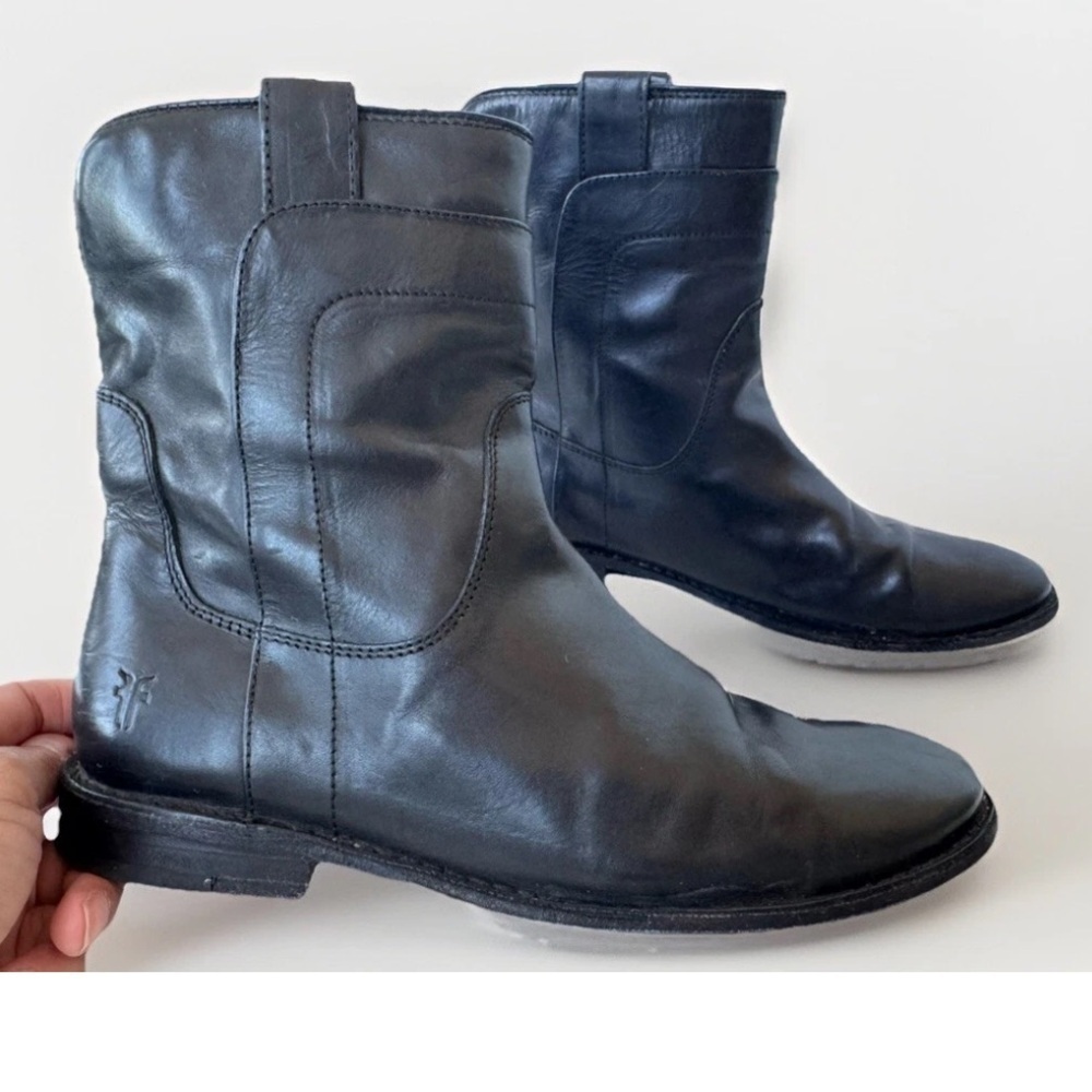 FRYE Paige Short Riding Boots Black Leather Biker Mid Calf Women’s 6.5